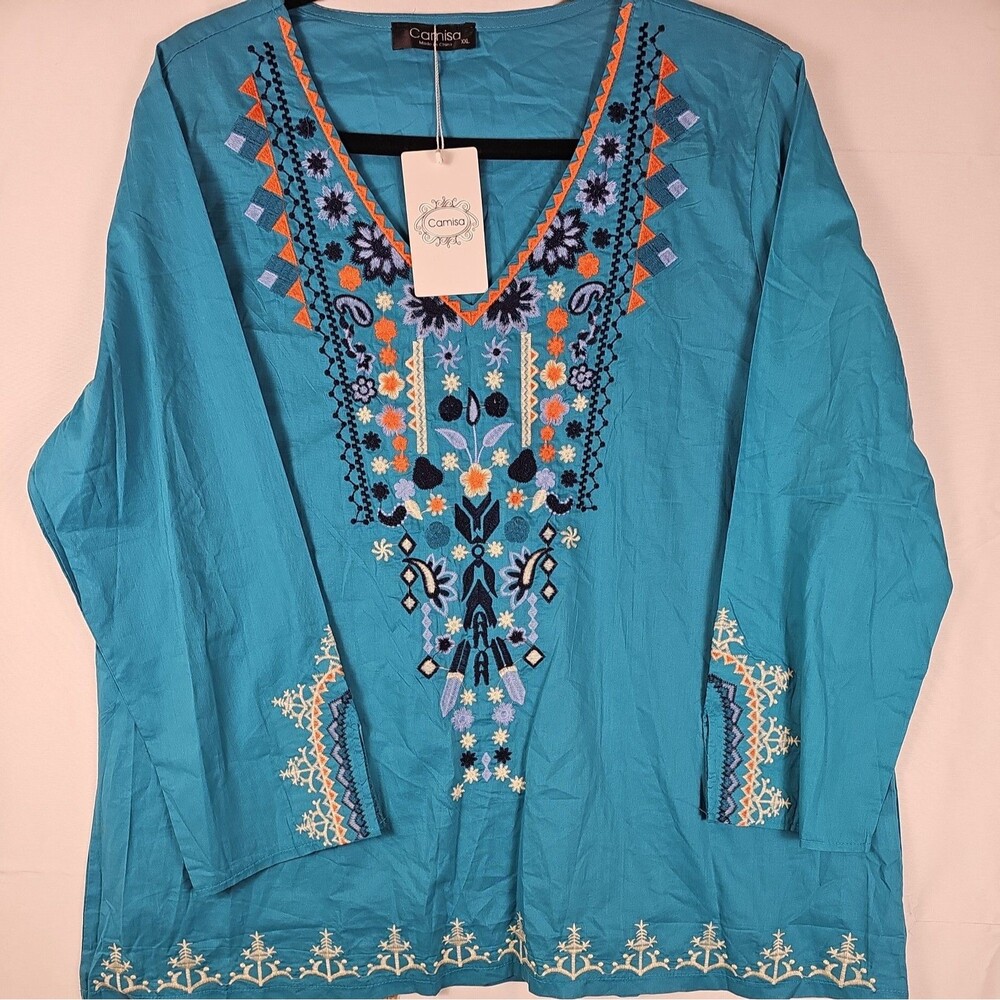 Camisa Women’s 2XL Turquoise Embroidered Boho Tunic Top NWT